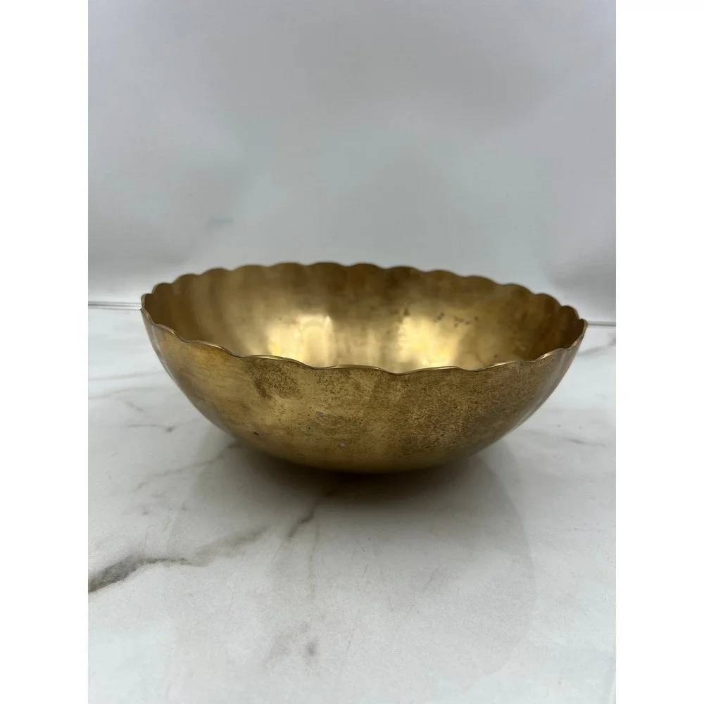 Vintage Scalloped Brass Bowl Made in Korea Hammered Gold Centerpiece 9.75 inch